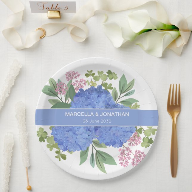 Blue Hydrangeas Modern Bouquet Custom  Paper Plate (Wedding)