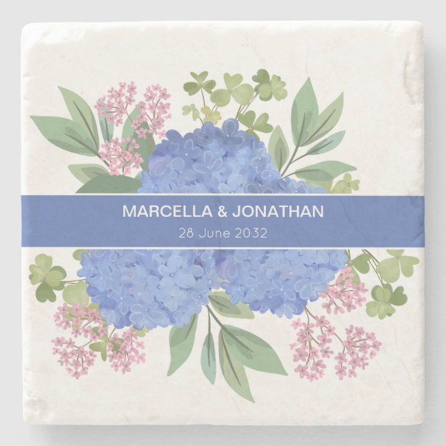 Blue Hydrangeas Modern Bouquet Custom  Stone Coaster (Front)