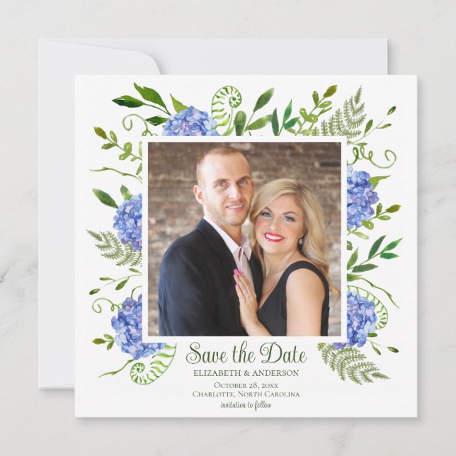 Blue Hydrangeas Photo Save The Date (Front)