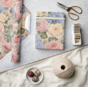 Blue HydrangeaS Pink Peonies Floral Elegant Wrapping Paper