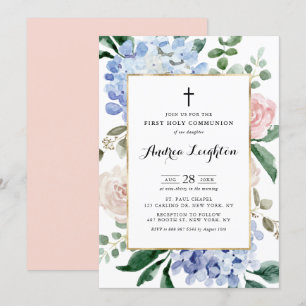Blue Hydrangeas & Pink Roses First Holy Communion Invitation