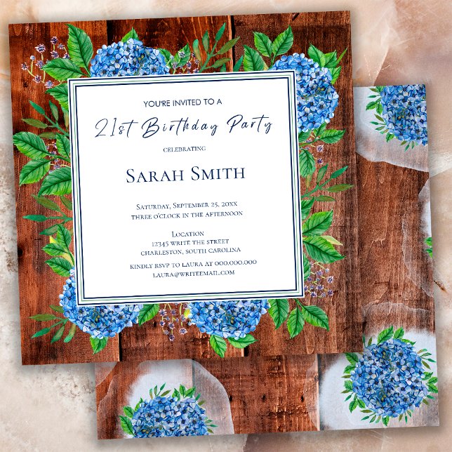 Blue Hydrangeas Rustic Wood 21st Birthday Party Invitation (Creator Uploaded)