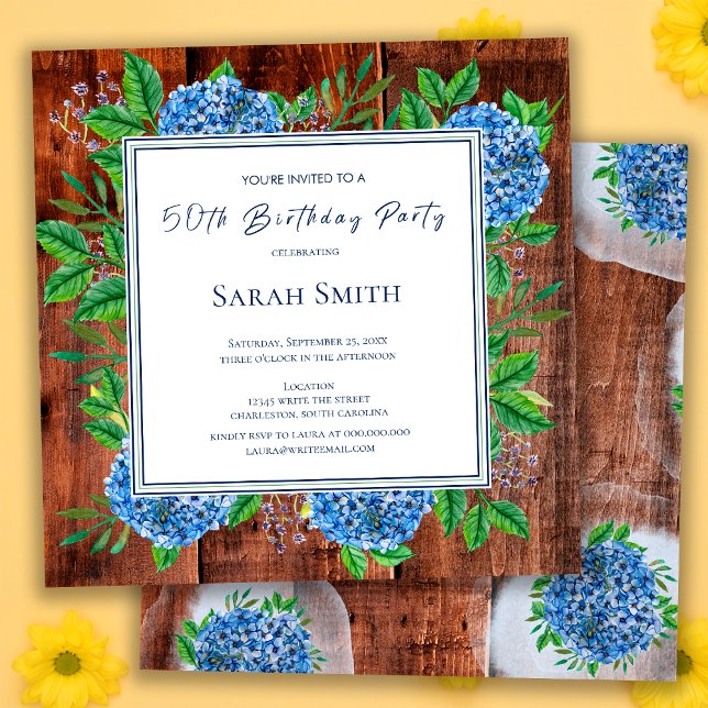 Blue Hydrangeas Rustic Wood 50th Birthday Party Invitation (Creator Uploaded)