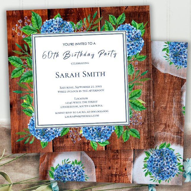 Blue Hydrangeas Rustic Wood 60th Birthday Party  Invitation (Creator Uploaded)
