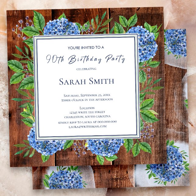 Blue Hydrangeas Rustic Wood 90th Birthday Party Invitation (Creator Uploaded)