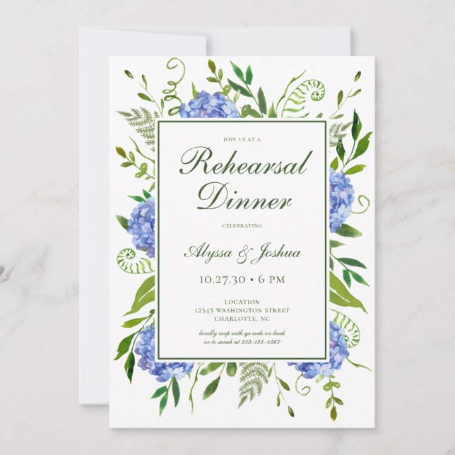 Blue Hydrangeas Script Rehearsal Dinner Invitation (Front)