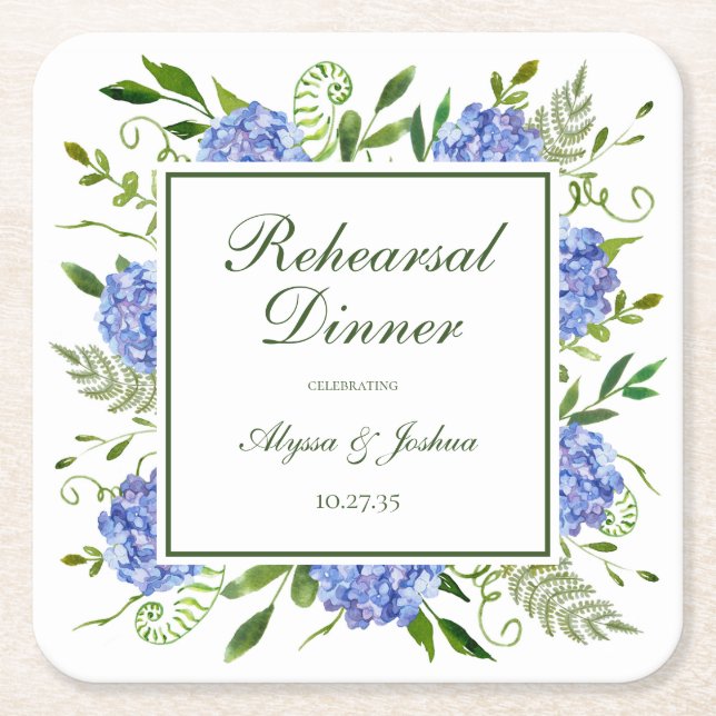 Blue Hydrangeas Script Rehearsal Dinner Square Paper Coaster (Front)