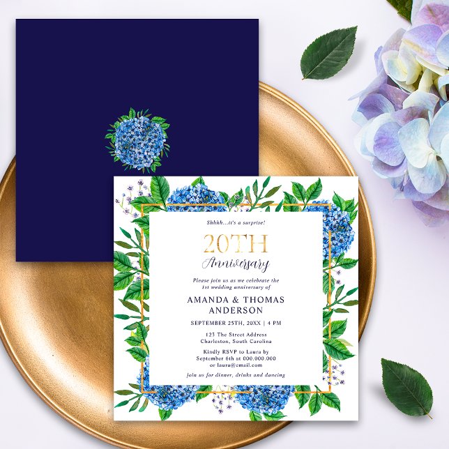 Blue Hydrangeas Surprise 20th Wedding Anniversary Invitation (Creator Uploaded)