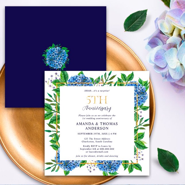 Blue Hydrangeas Surprise 5th Wedding Anniversary Invitation (Creator Uploaded)