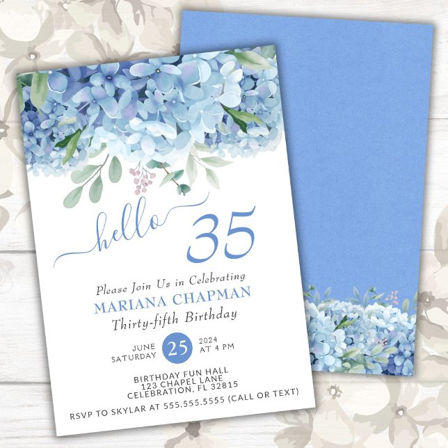 Blue Hydrangeas Watercolor Floral 35th Birthday Invitation (Creator Uploaded)