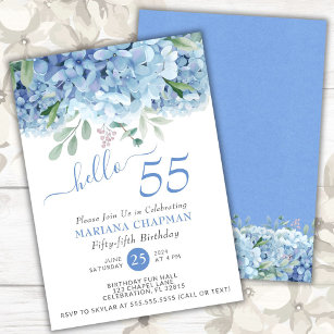 Blue Hydrangeas Watercolor Floral 55th Birthday Invitation