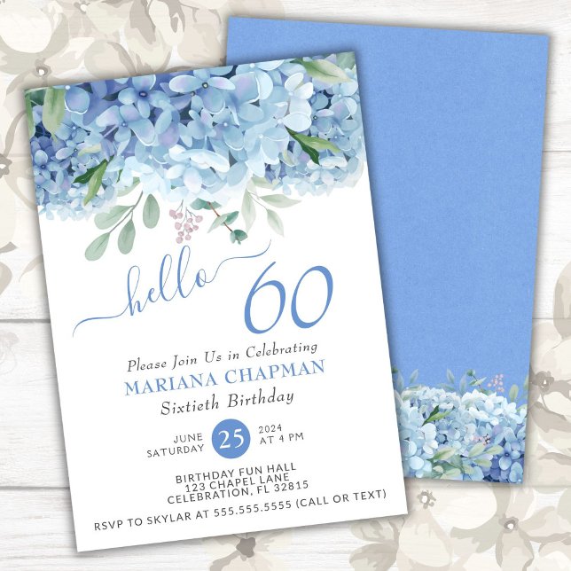 Blue Hydrangeas Watercolor Floral 60th Birthday In Invitation (Creator Uploaded)