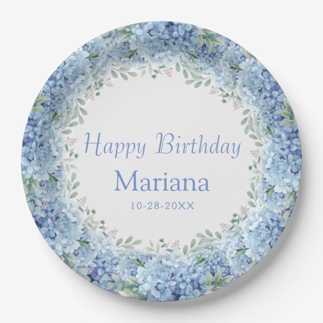 Blue Hydrangeas Watercolor Floral Birthday Paper Plate (Front)