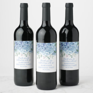 Blue Hydrangeas Watercolor Floral Birthday Wine Label
