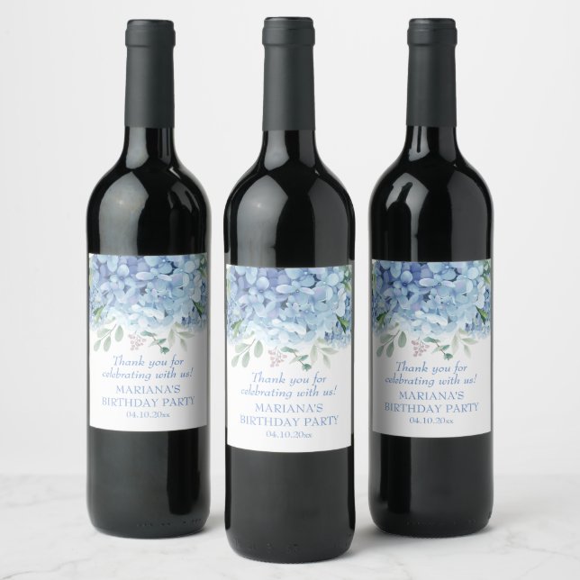 Blue Hydrangeas Watercolor Floral Birthday Wine Label (Bottles)
