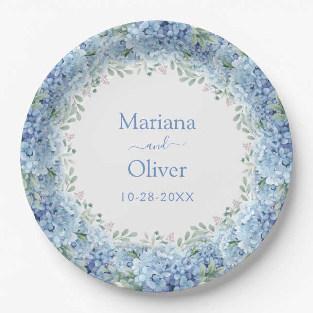 Blue Hydrangeas Watercolor Floral Wedding Paper Plate (Front)