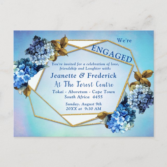 Blue Hydrangeas Watercolor flowers Engagement Invitation Postcard (Front)