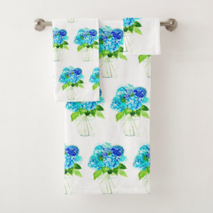 Blue Hydrangeas Watercolor Flowers Floral Decor Bath Towel Set