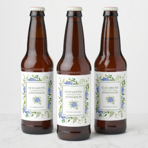 Blue Hydrangeas Watercolor Wedding Beer Bottle Label