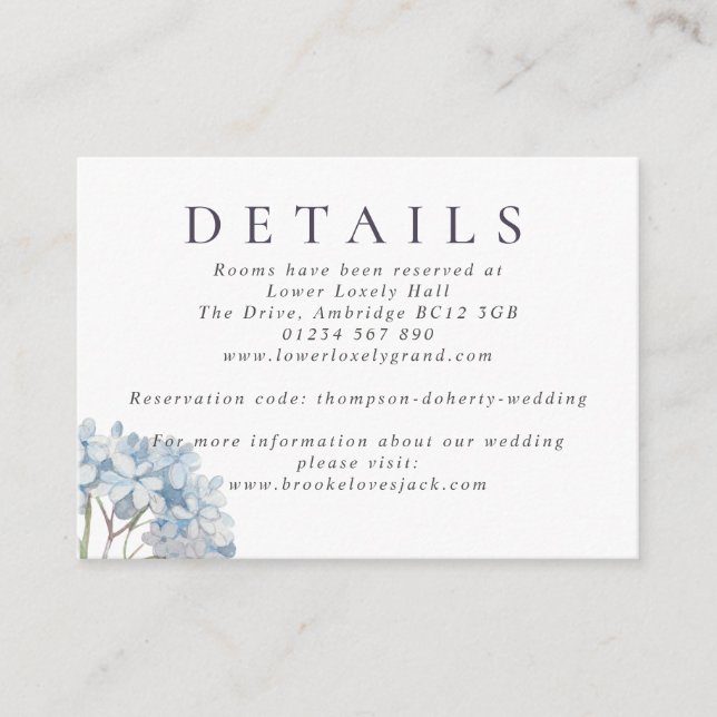 Blue Hydrangeas Watercolor Wedding Details Enclosure Card (Front)