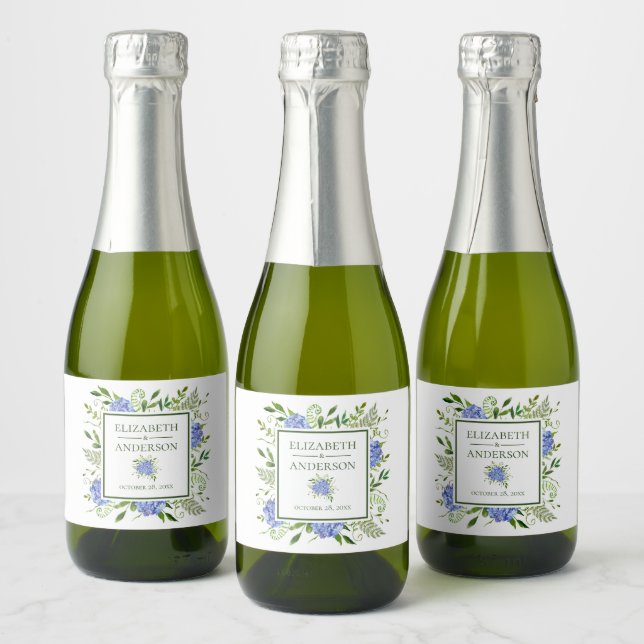 Blue Hydrangeas Watercolor Wedding Sparkling Wine Label (Bottles)