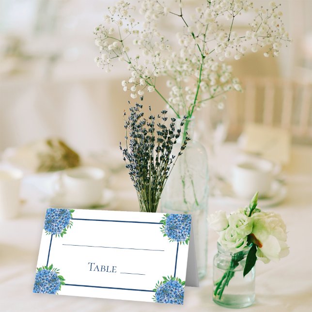Blue Hydrangeas Watercolor Wedding Table Number Place Card (Creator Uploaded)