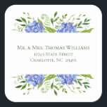 Blue Hydrangeas Wedding Address Square Sticker<br><div class="desc">These address labels are both elegant and charming. Their beautiful design with multi-hued blue hydrangeas and delicate wisps of natural greenery in contemporary watercolor styling are perfect for any boho, garden, rustic, botanical, floral, romantic, vintage or formal wedding. They are perfect for the front of your RSVP envelopes and make...</div>