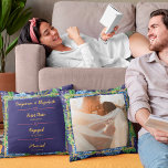 Blue Hydrangeas Wedding Anniversary Custom Photo Throw Pillow<br><div class="desc">The Gold Blue Hydrangea 1st Wedding Photo Anniversary Invitation is a beautiful watercolor with blue hydrangeas, greenery, and a digital gold effect. It's a custom photo throw pillow idea for a spring or summer anniversary party, and for those looking for an anniversary pillow with flowers, an anniversary present for couple,...</div>