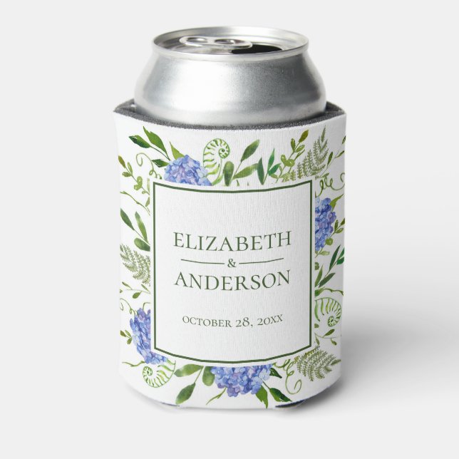 Blue Hydrangeas Wedding Can Cooler (Can Back)