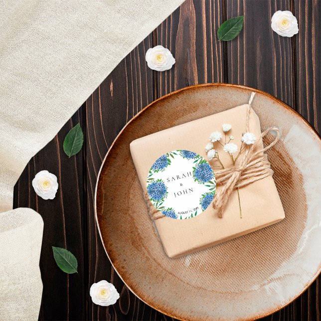 Blue Hydrangeas Wedding Classic Round Sticker  (Creator Uploaded)