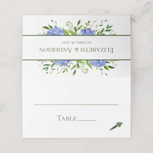 Blue Hydrangeas Wedding Place Card (Outside Unfolded)