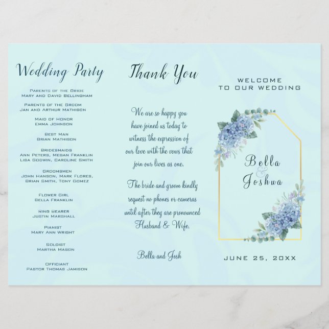 Blue Hydrangeas Wedding Program (Back)