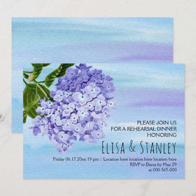 Blue hydrangeas wedding rehearsal dinner invitation (Front/Back)