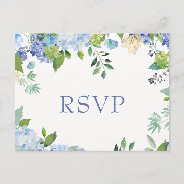 Blue Hydrangeas Wedding RSVP with Meal Choice Postcard (Front)