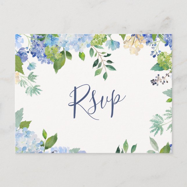 Blue Hydrangeas Wedding RSVP with Meal Choice Postcard (Front)