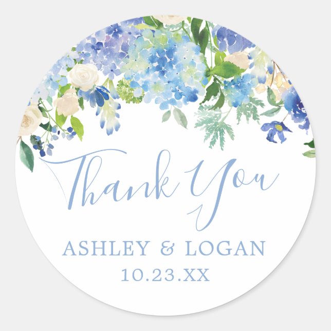 Blue Hydrangeas Wedding Thank You Favour Sticker (Front)