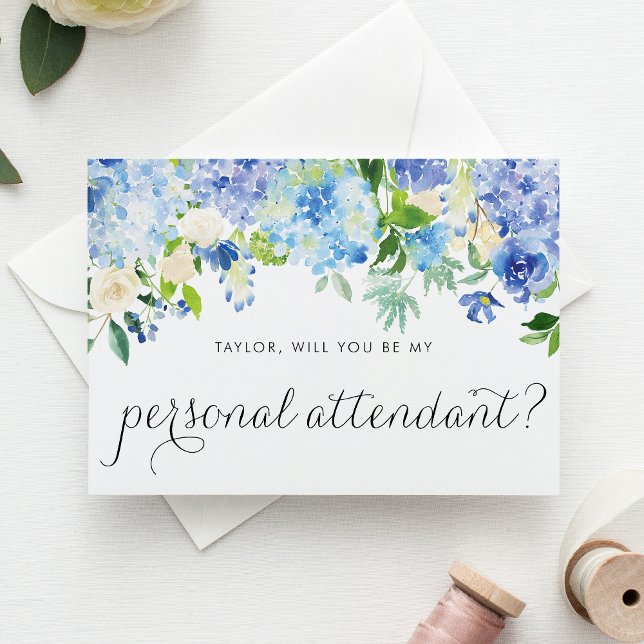 Blue Hydrangeas Will You Be My Personal Attendant Invitation Postcard (Elegant blue hydrangea and white rose proposal card to ask someone to be your personal attendant.)