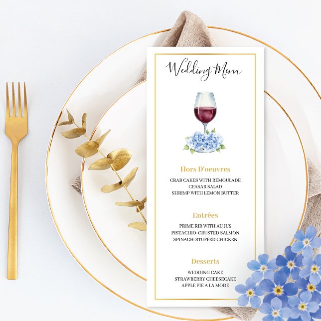Blue Hydrangeas Wine Glass Wedding Flat Menu (Creator Uploaded)