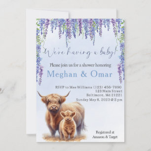 Blue Hyrdrangeas gender neutral Highland cow Invitation