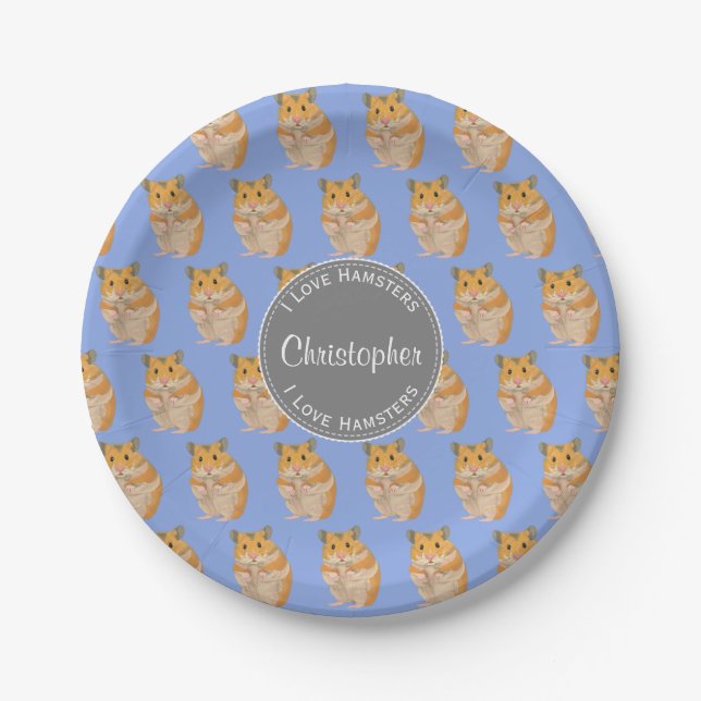 Blue I love Hamsters Hamster Pattern Paper Plate (Front)