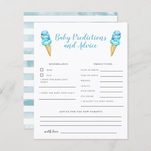 Blue Ice Cream Baby Predictions & Advice Card (Front/Back)