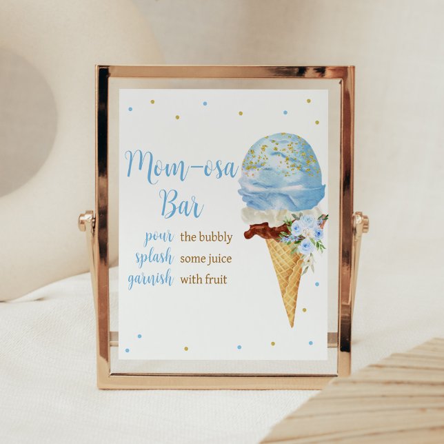 Blue Ice Cream Baby Shower Mom Osa Bar Poster (Here's the Scoop Baby Shower Mom Osa Bar Sign)