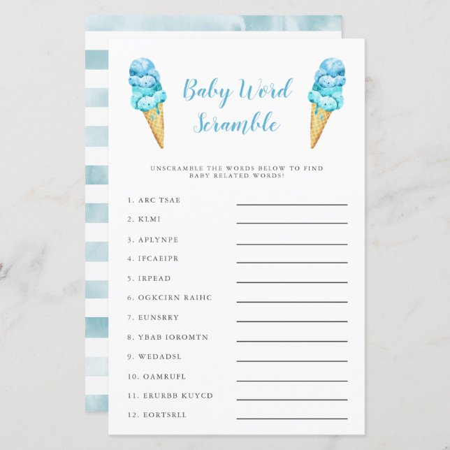 Blue Ice Cream Baby Word Scramble Game (Front/Back)