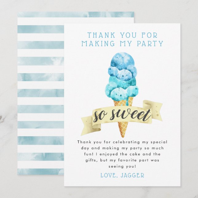 Blue Ice Cream Boy Birthday Party Thank You Card (Front/Back)