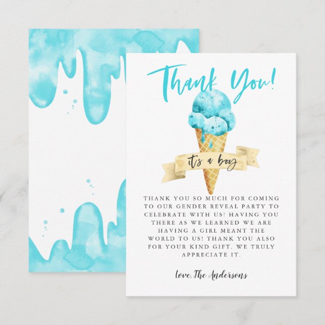 Blue Ice Cream Boy Gender Reveal Party Thank You Card (Front/Back)