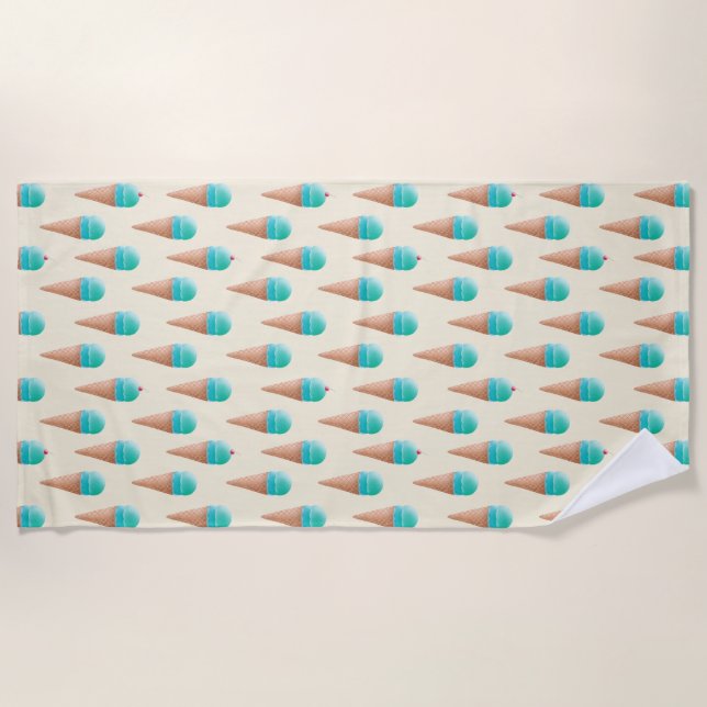 Blue Ice Cream Cone Pattern, Light Yellow Beach Towel (Front)