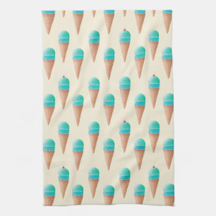 Blue Ice Cream Cone Pattern, Light Yellow Kitchen Towel