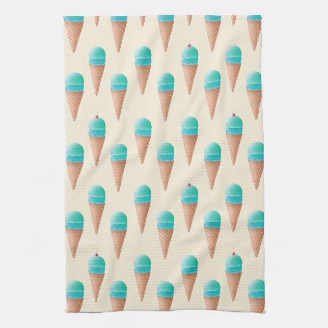 Blue Ice Cream Cone Pattern, Light Yellow Kitchen Towel (Vertical)