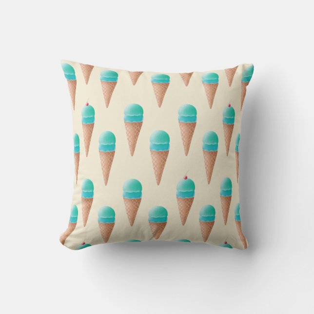 Blue Ice Cream Cone Pattern, Light Yellow Throw Pillow (Front)