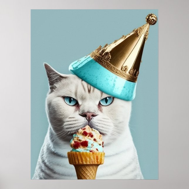  Blue Ice Cream King Cat with Gold Cone Wall Art  (Front)